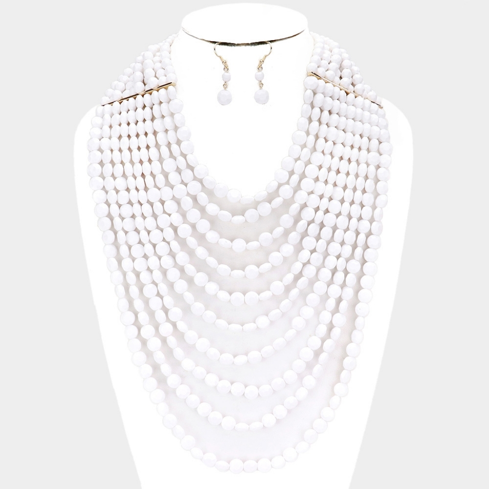 White Multi Chain Strand Faceted Bead Necklace Earrings Set Layered Accessory